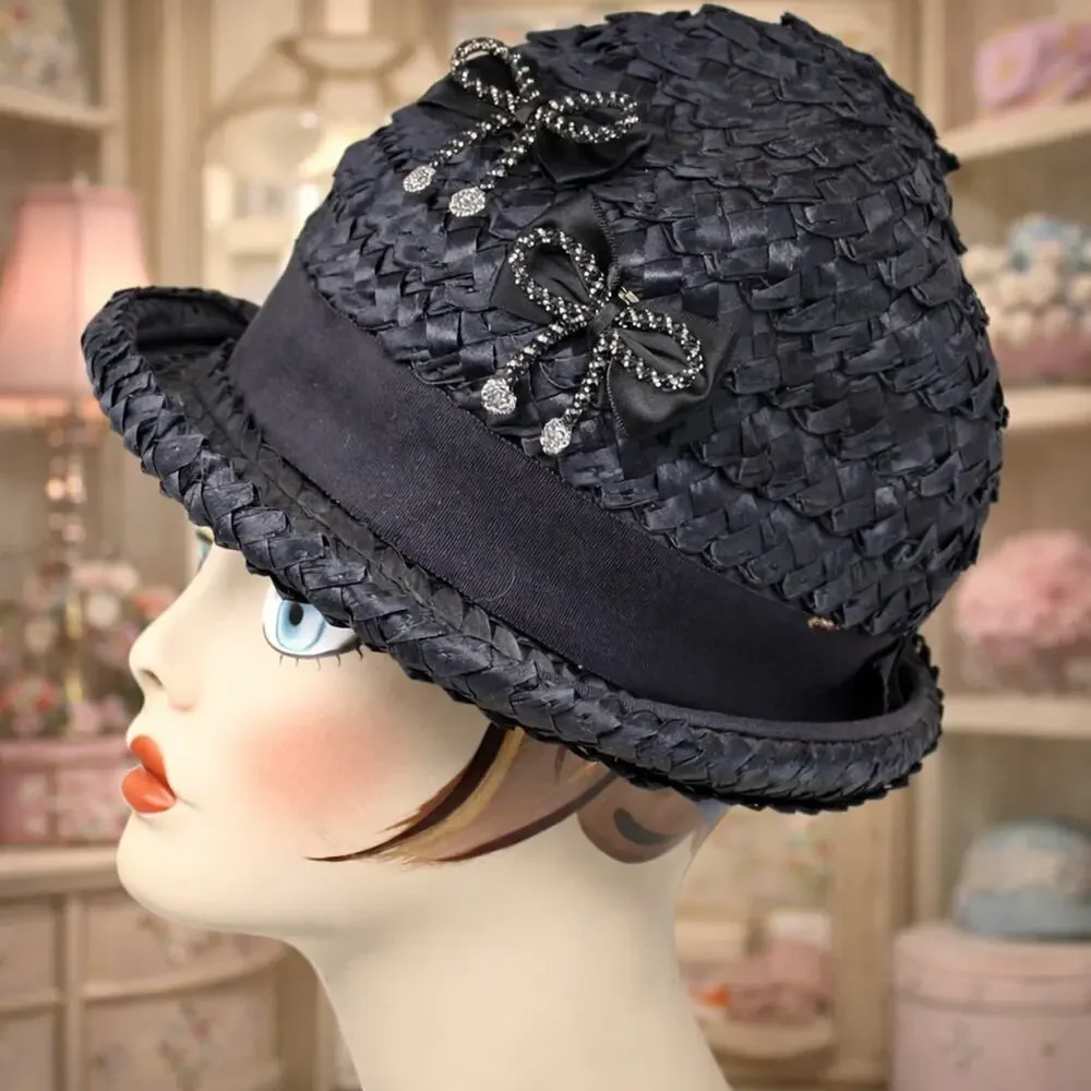 Vintage Black Woven Straw Hat Neiman Marcus with Rhinestone Bow Detail –Hey Viv